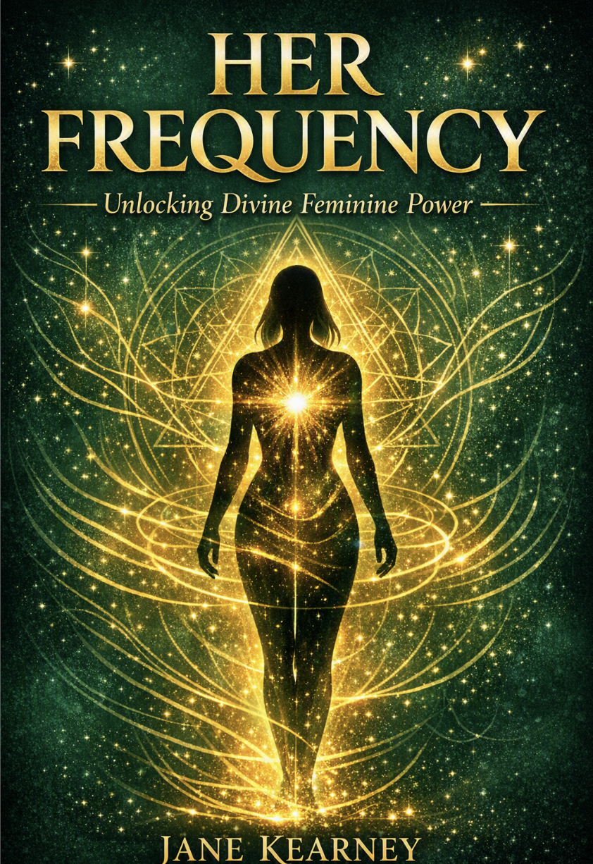 Her Frequency by Jane Kearney: a luminous golden feminine silhouette rising through sacred geometry against a green cosmic sky.
